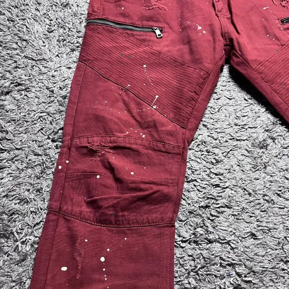 Square Zero Jeans Mens 36x33 Red Denim Distressed Biker Slim Paint Zipper Logo - Picture 5 of 16
